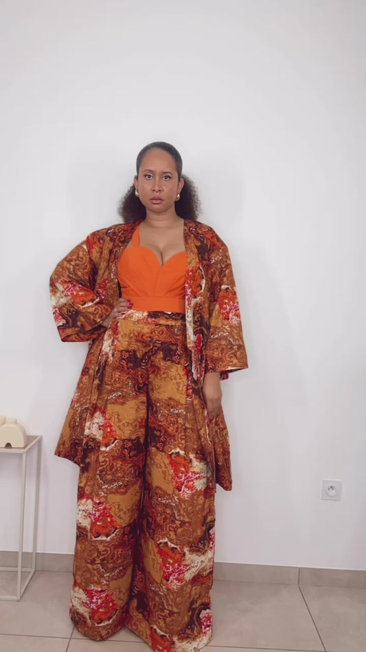 Pré commande - Kimono, crop top et pantalon en pagne "obionani"