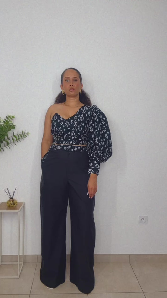 Top asymétrique stretch et pantalon en bogolan "Wlon oplaninè"