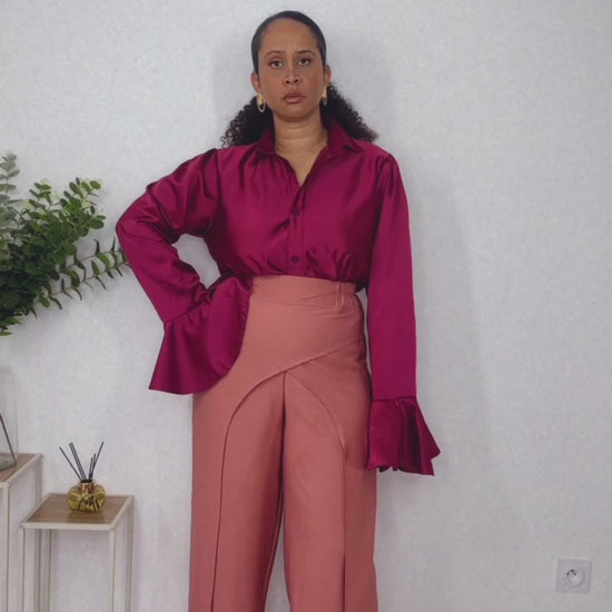 vêtement en wax, vêtement en pagne, blouse élégante rose, pantalon ample et stretch à la taille