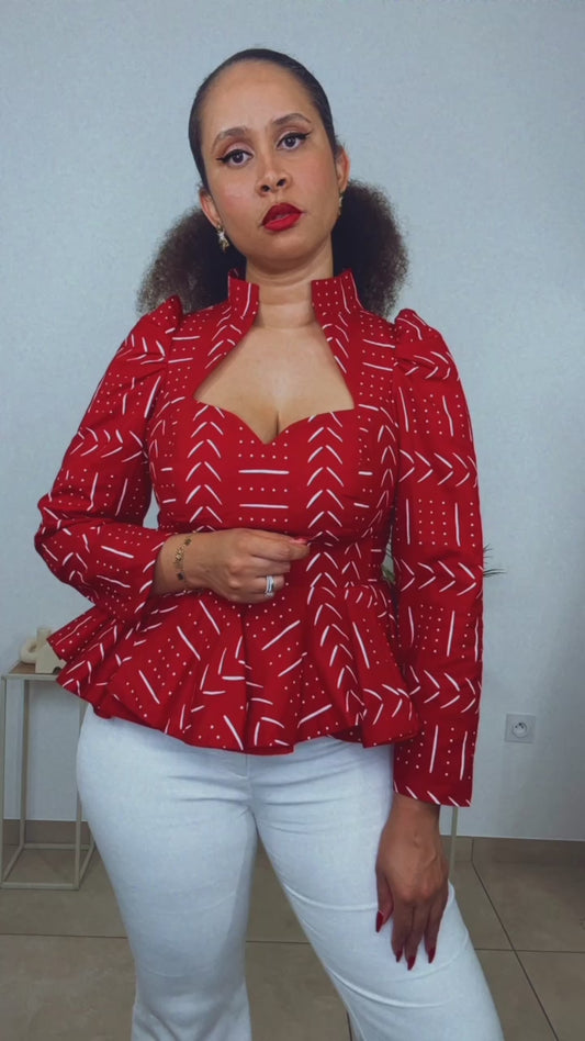 Top stretch en bogolan rouge "Blizoli"